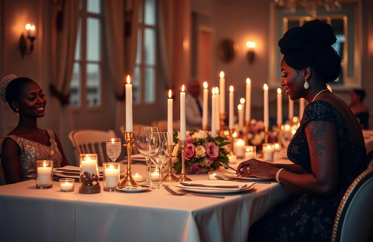 Mariage afro-européen à Bruxelles, table dressée aux chandelles