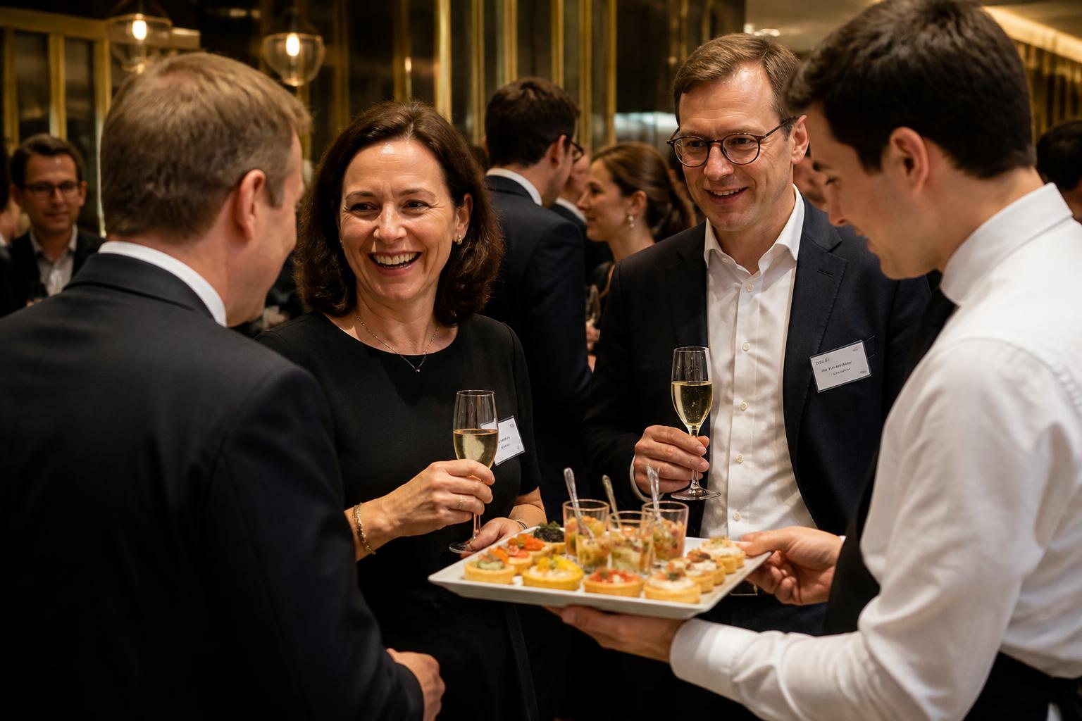 Cocktail dînatoire d'entreprise à Bruxelles, coupes de champagne et canapés