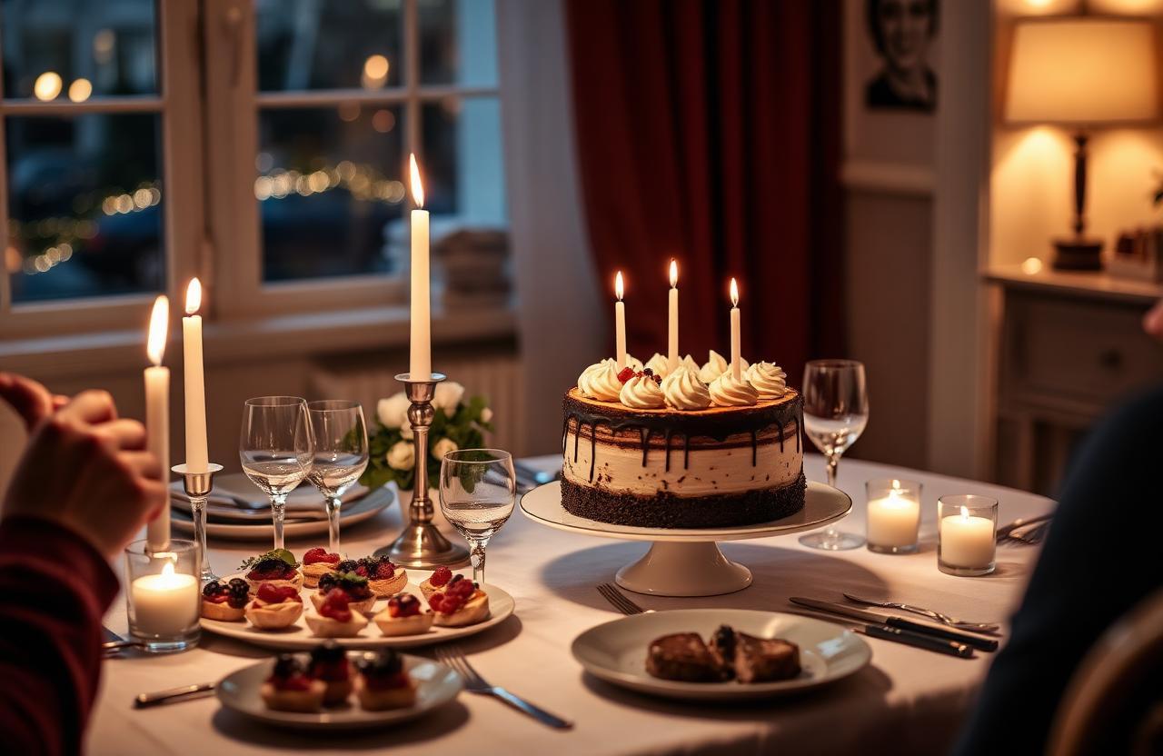 Anniversaire privé à Bruxelles, gâteau et table festive aux chandelles