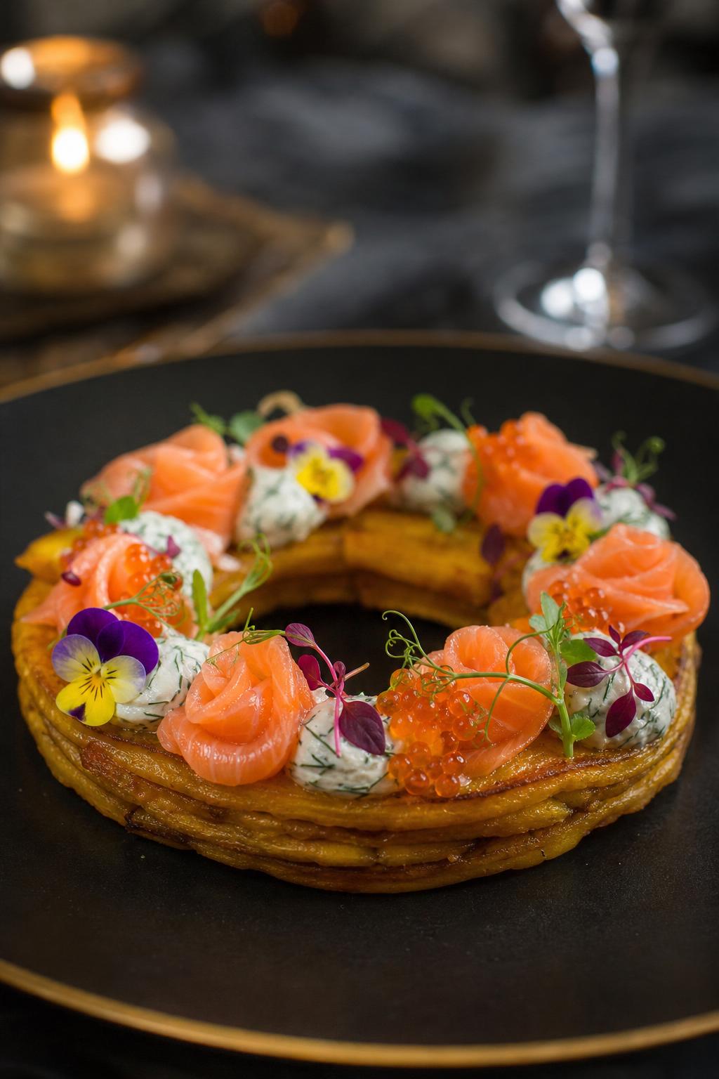 La Couronne Deby's — mille-feuille croustillant de plantain avec saumon fumé, caviar et fleurs comestibles, dressé à la main sur assiette noire et or