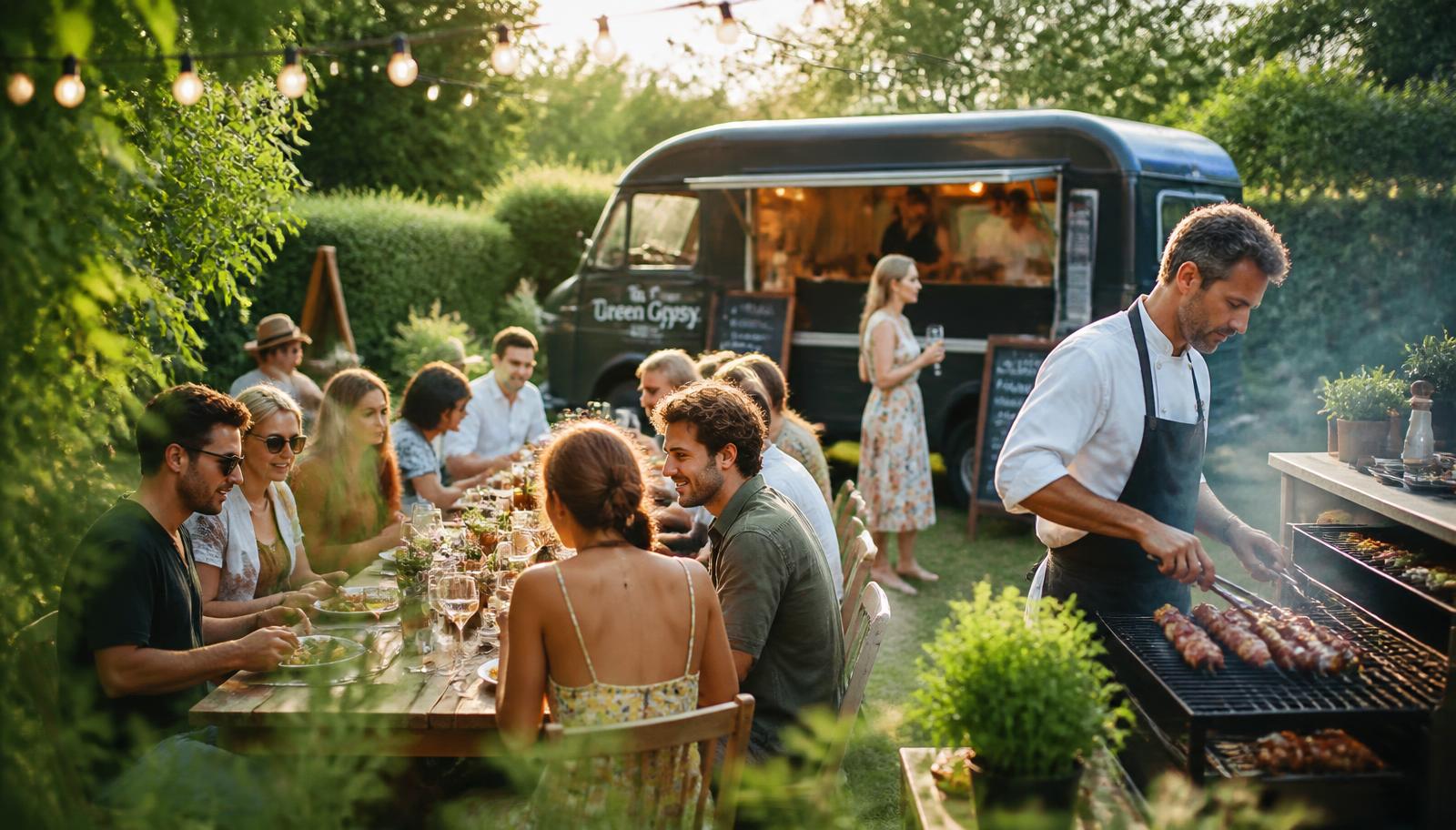 Barbecue de jardin avec foodtruck en arrière-plan et longue table d'invités