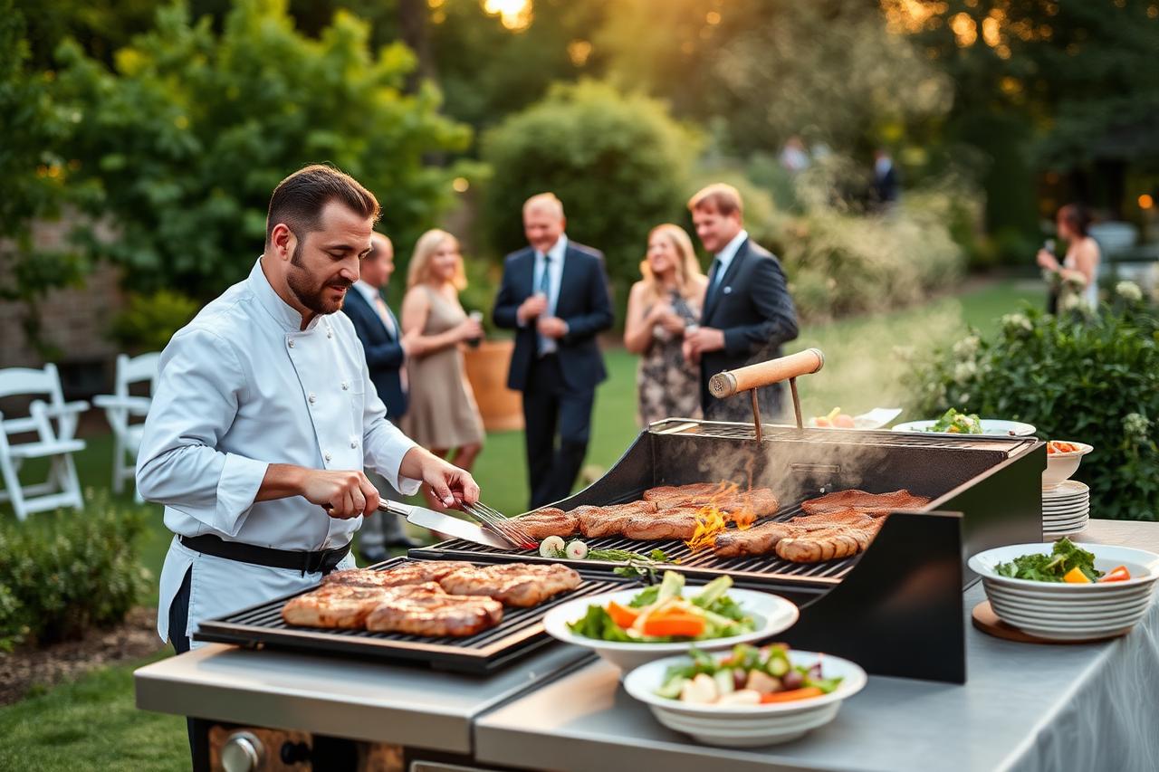 Chef préparant un barbecue traiteur dans un jardin lors d'un événement privé