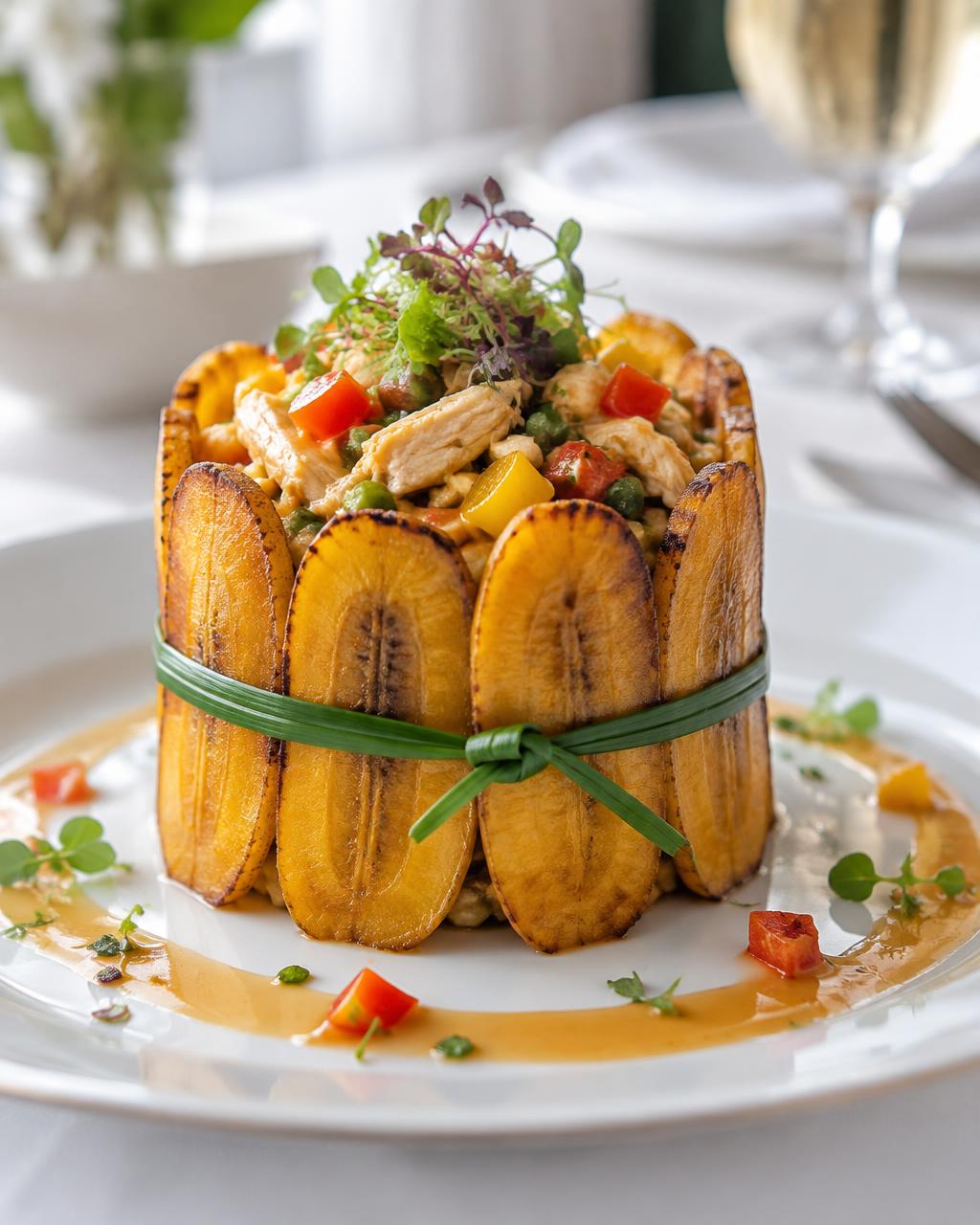 Charlotte de plantain salée, couronne de lamelles de plantain dorées