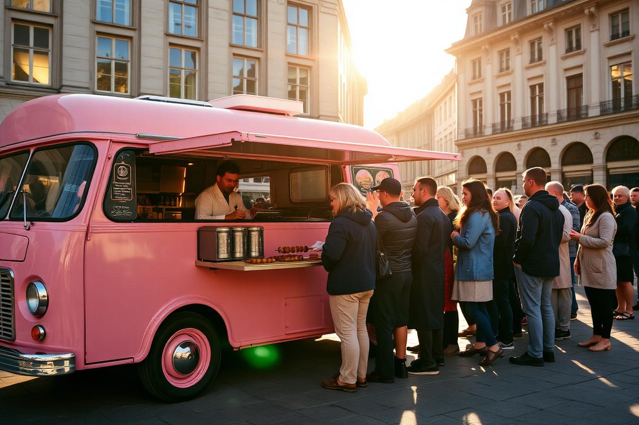 Foodtruck rose Deby's Delice installé sur une place bruxelloise ensoleillée