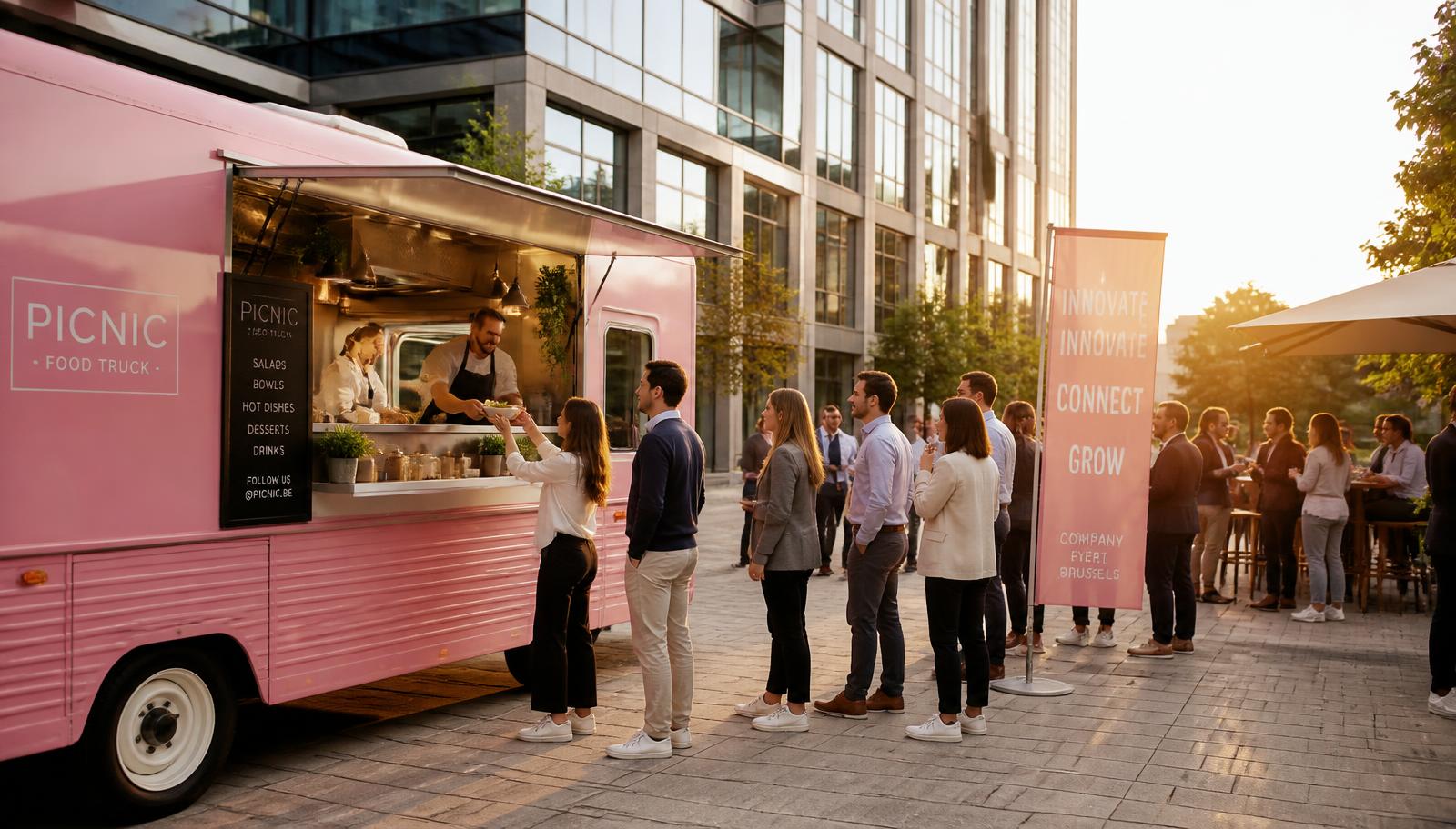 Foodtruck rose servant les collaborateurs lors d'un événement d'entreprise à Bruxelles