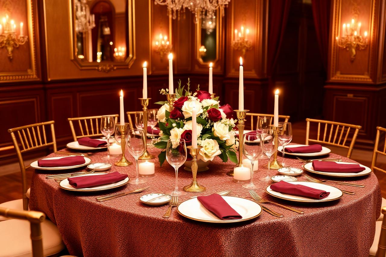 Table de mariage dressée aux chandelles avec vaisselle dorée à Bruxelles